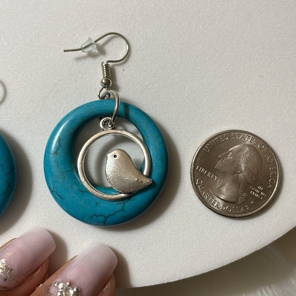 Silver Bird Turquoise Stone Hoop Drop Earrings - Picture 12 of 16